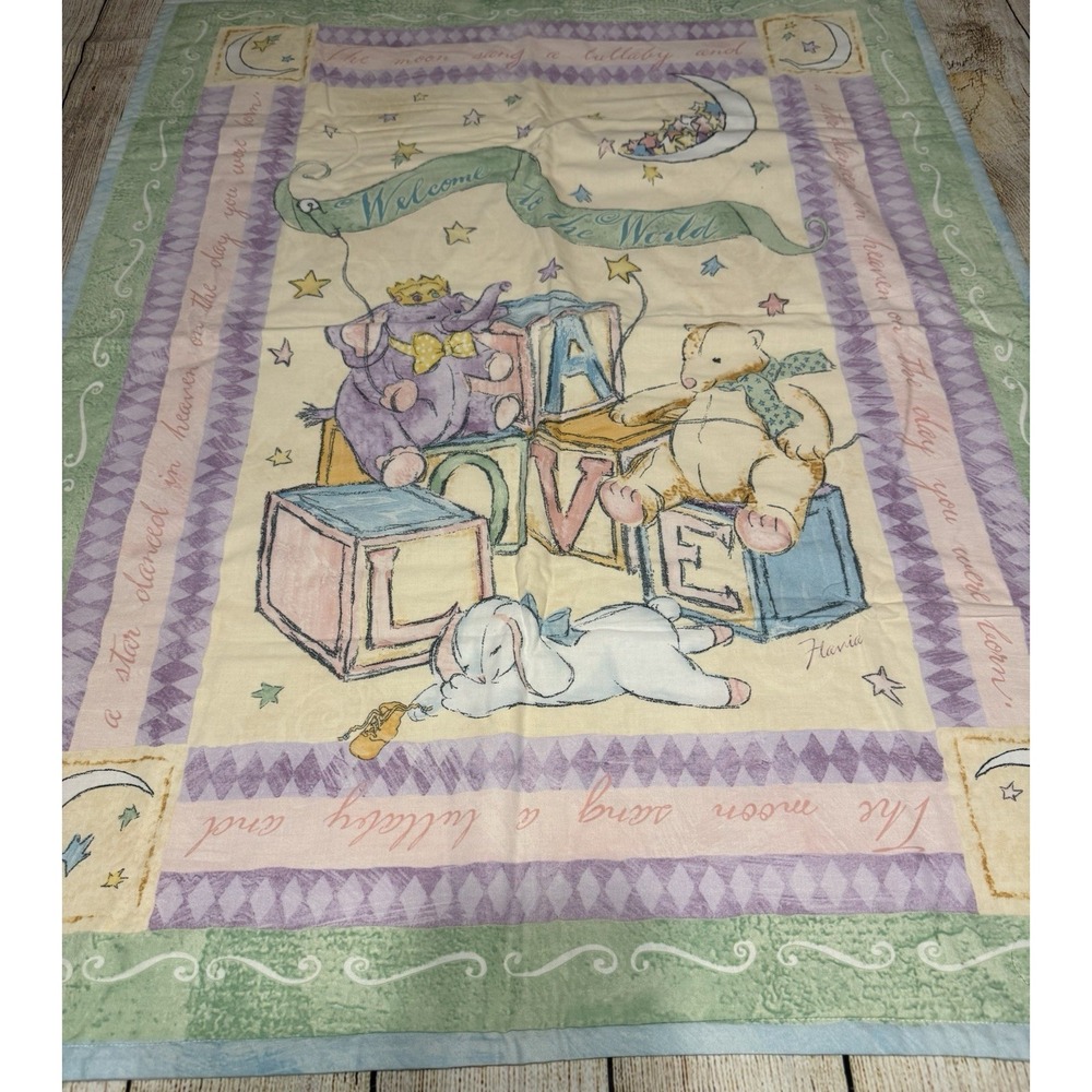 Vintage Welcome to the World FLAVIA 42" x 32" Baby Quilt Stars Moon Bears GTub14